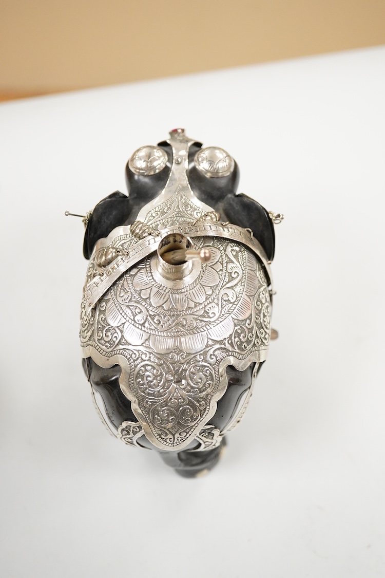 A George V engraved silver rectangular tea caddy, by Nathan & Hayes, Chester, 1913, 81mm, together with an Edwardian repousse silver mounted ring box by Nathan & Hayes, Chester, 1905, a Scottish silver and tortoiseshell
